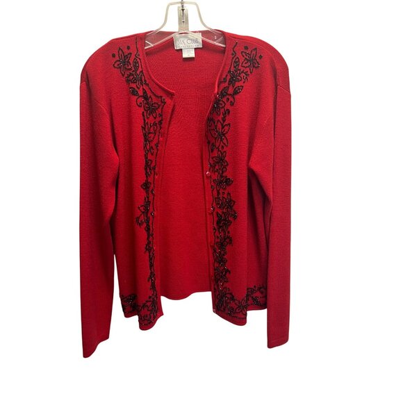 Silk Club Red Cardigan With Black Floral Beaded Embroidery Womens Medium Long - Picture 3 of 7